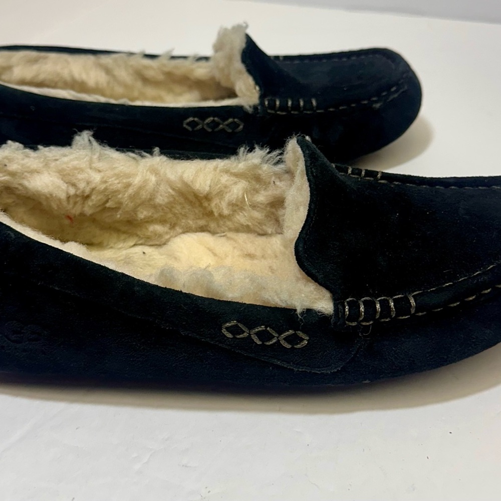UGG Black Suede Moccasins with Cream Lining - Picture 3 of 9